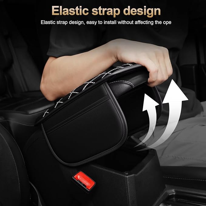 Car Armrest Cover Fit for bZ4X Diamond Rhinestone Bling Center Console Cover with 2 Storage Bags Leather Arm Rest Cover Pad Protector(Black)