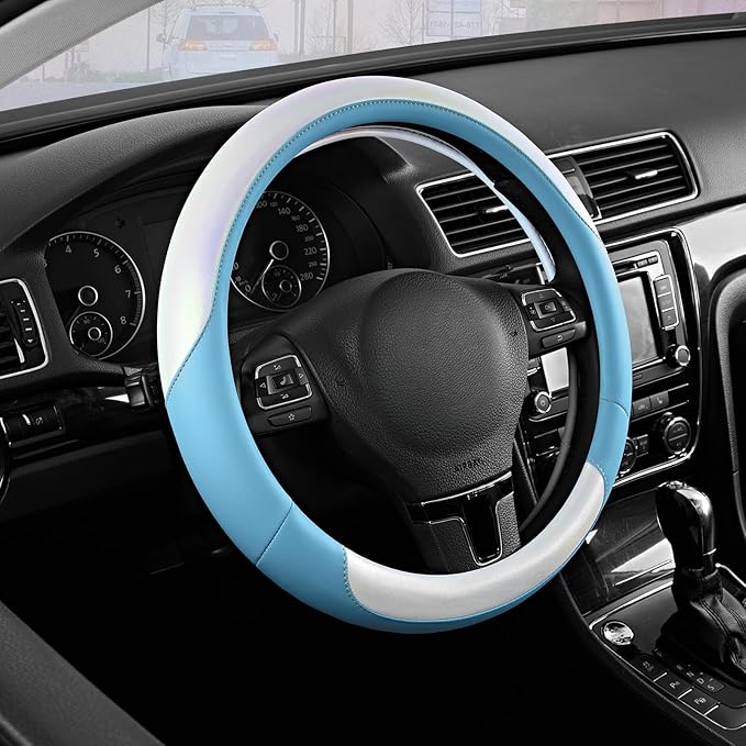 Road Comforts Steering Wheel Cover – Breathable Leather Steering Wheel Cover, Anti-Slip Grip, Universal Fit 14.5” to 15”, Heat & Cold Resistant for Cars, SUVs, and Trucks – Shining White & Blue