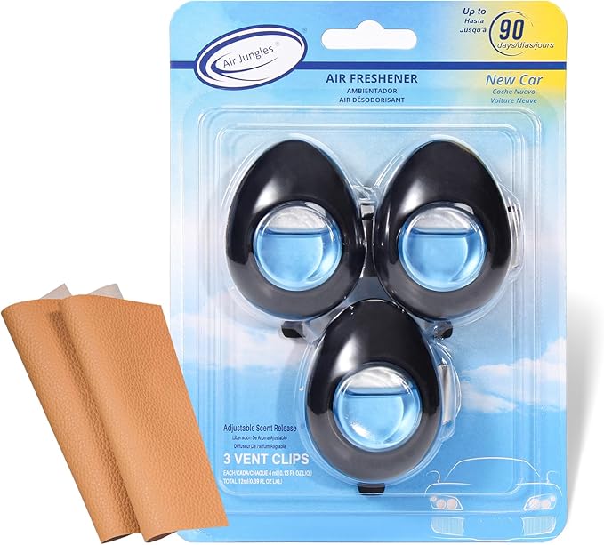 Air Jungles Car Air Freshener Vent Clip 3 Count, New Car Scent, 4 ml Each, Long-Lasting Car Odor Eliminator, Easy Clip-On, Up to 90 Days Freshness for Cars, Trucks, and SUVs
