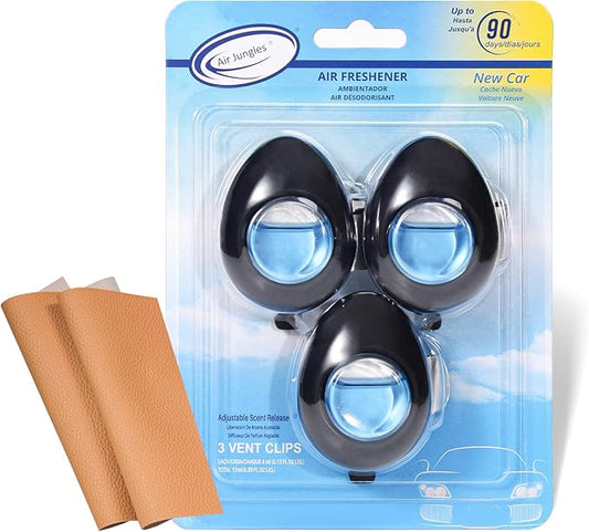 Air Jungles Car Air Freshener Vent Clip 3 Count, New Car Scent, 4 ml Each, Long-Lasting Car Odor Eliminator, Easy Clip-On, Up to 90 Days Freshness for Cars, Trucks, and SUVs