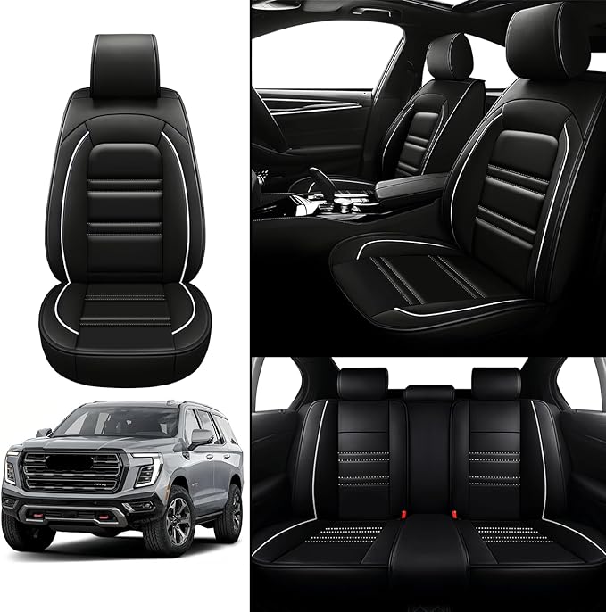 Seat Covers for gmc Yukon 2000-2025 | 5-Seats Leather Seat Covers, Easy to Install Automotive Seat Covers Full Set (Full Set, Black&White Line)