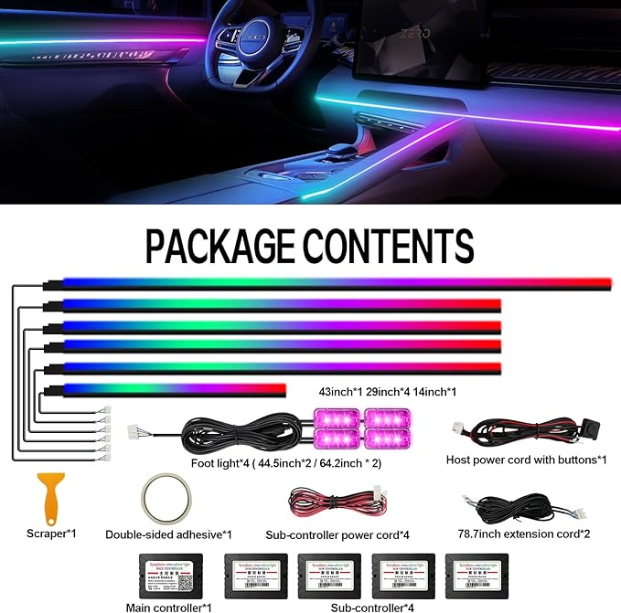 Dreamcolor Acrylic Interior Car Light 10 in 1 Automotive Ambient Light Kits with APP Control 16 Million Color 175 inches Fiber Optic Car LED Strip Light, RGB Music Sync Sound Activated Neon Car Light