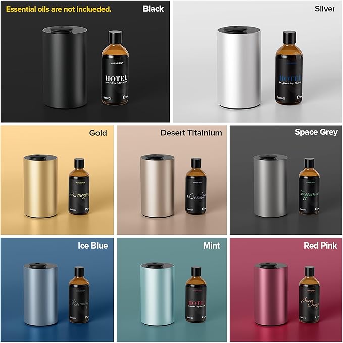 Airversa Waterless Essential Oil Diffuser for Home Aromatherapy Scent Diffusers with 3 Countdown Timer Settings or Timer-Off, 3 Mist Levels for Car Room Studio Office, ANX Premium Metal Silver