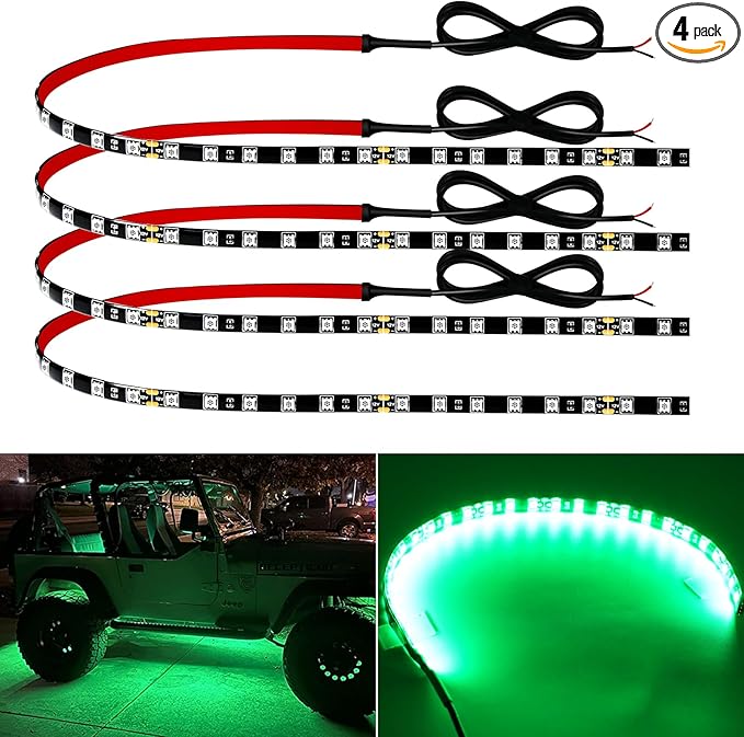 12V Led Light Strip 18" Connectable Green LEDs Strip Lights for Car Motorcycle Golf Cart Automotive Trucks Boat Marine Waterproof Led Light Strip, 4Pack