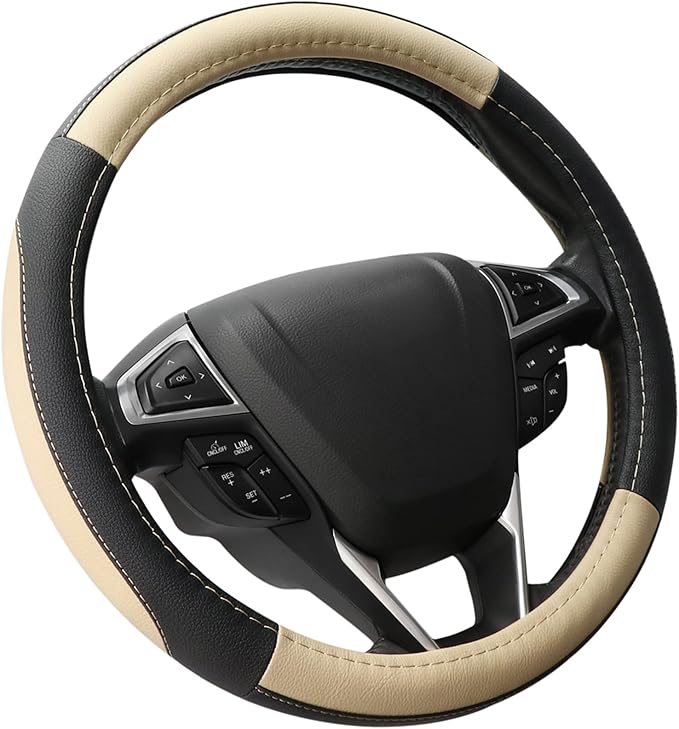 SEG Direct Car Steering Wheel Cover for F-150 Tundra Range Rover 15.5-16 inch, Black and Beige Microfiber Leather