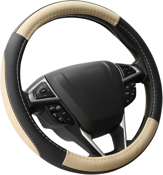 SEG Direct Car Steering Wheel Cover Universal Standard Size 14.5-15 inch, Black and Beige Microfiber Leather