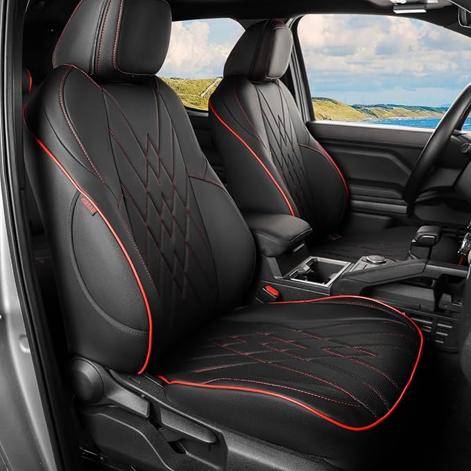 EKR Custom Fit Tacoma Car Seat Covers for Select Toyota Tacoma (Petrol) 2024 2025 2026 Double cab SR,SR5,TRD Sport,TRD Off-Road,Limited - Full Set,Leather(Black with Red Trim)