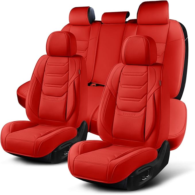 Leather Car Seat Covers Full Set with Lumbar Support, Waterproof Car Seat Cover, Universal Seat Covers for Cars, Trucks, SUVs, Sedans, Airbag Compatible, Front Pair and Rear, Red