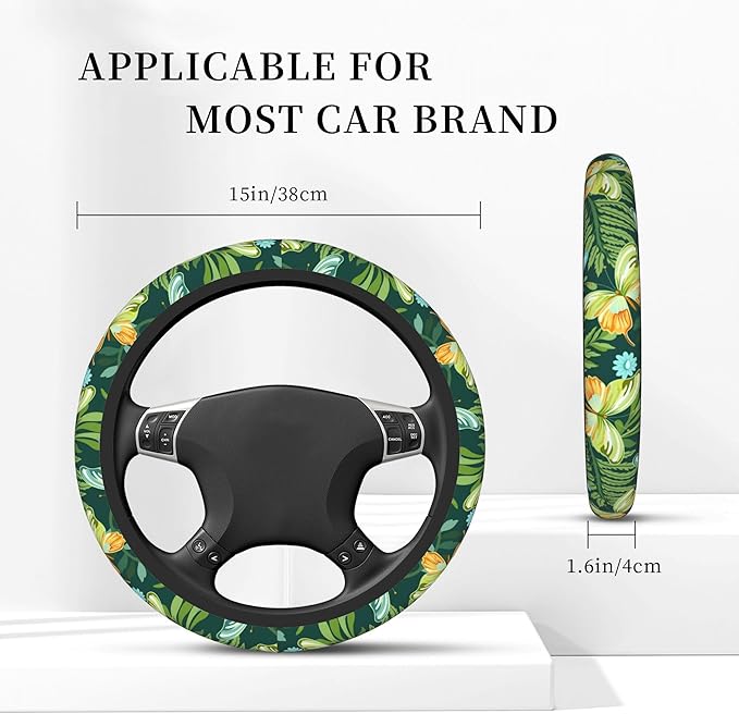 Tropical Butterflies and Plants Steering Wheel Covers Universal 15 Inch Car Wheel Cover,Anti-Slip Breathable Car Accessories Protector Fit for Trucks,Sedans,SUVs,Vans