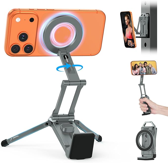 OMOTON 360°Rotating for MagSafe Tripod Mount, Adjustable Aluminum Magnetic Phone Tripod for iPhone 17/16/15/14 Pro Max Air, Foldable Cell Phone Stand Fits Vlog, Gym, Travel Essentials, Gray