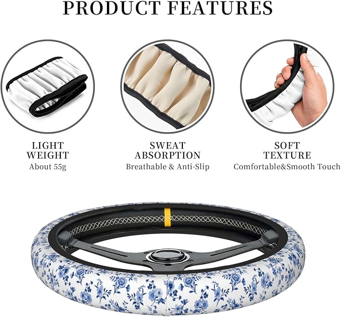 Dujiea Floral Pattern Elastic Stretch Steering Wheel Cover, Anti-Slip and Durable Car Steering Wheel Accessories for Women Men, 15 Inch Universal Fit Car, Truck, SUV