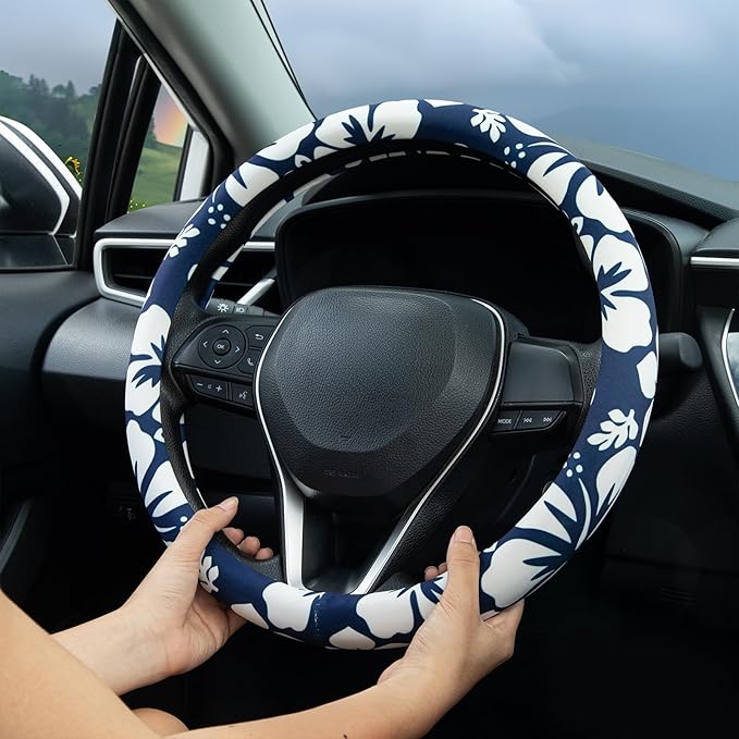 White Hibiscus Hawaii Steering Wheel Cover Auto Steering Wheel Protector, Anti-Slip, Breathable, Absorbing Sweat, Universal Floral Car Accessories 14.5–15 inch