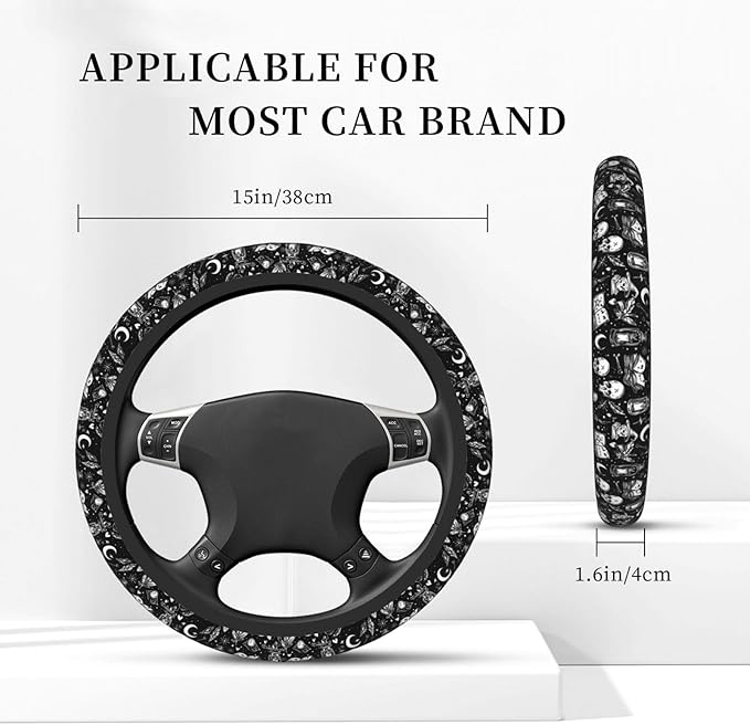 Witchy Skull Symbols Steering Wheel Cover for Women Girls, 15 Inches Anti-Slip Steering Wheel Cover for Auto Truck SUV