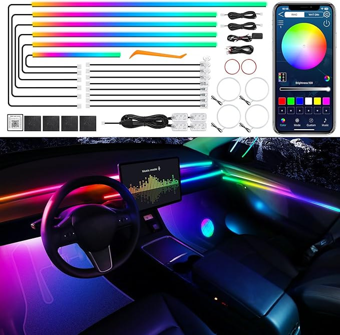 Dreamcolor Acrylic Interior Car LED Strip Light with Wireless APP, RGB 22 in 1 with 175 inches 612 LEDs Fiber Optic Strip Lights for Car, Dual Zone Music Sync Neon Car Ambient Lighting Kits