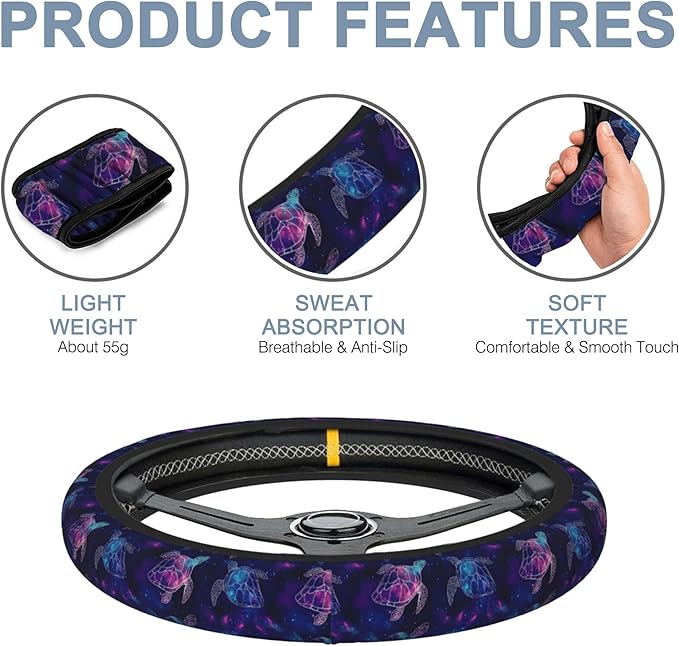 Purple Cosmic Galaxy Sea Turtle Car Steering Wheel Cover for Women Men with 2 Pcs Car Coasters,Universal 15 Inch Steering Wheel Covers Anti-Slip and Practical Auto Accessories Fit Auto,Suvs