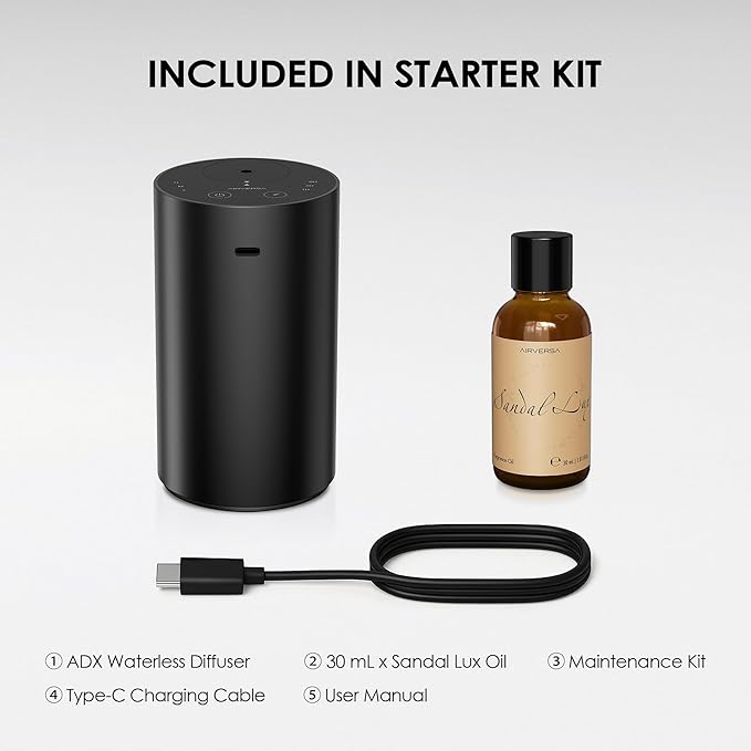 Airversa Waterless Essential Oil Diffuser Starter Kit with 30mL Sandal Lux Fragrance Oil, Battery Operated Mini Scent Air Machine Portable Diffuser for Home Car Office, Black ADX Kit