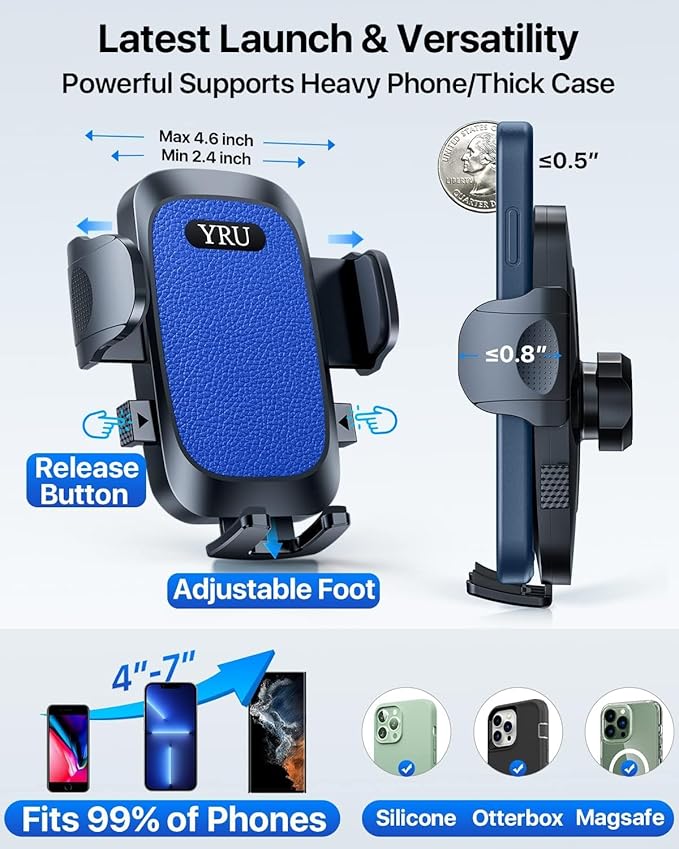 YRU [True Upgrade for Safety] Car Phone Holder Mount [Patent & Military-Grade] Dashboard Cell Phone Holder for Car Vent Windshield Phone Stand for iPhone 17 16 15 14 13 Pro Max Truck Samsung, Blue