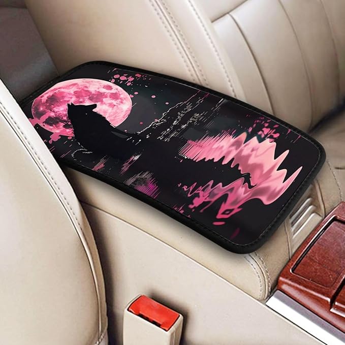 Universal Car Center Console Cushion Pad, Wolf in The Pink Moonlight Soft Waterproof Car Center Console Cover Auto Armrest Seat Box Cover Protector for Most Vehicle SUV Truck Car