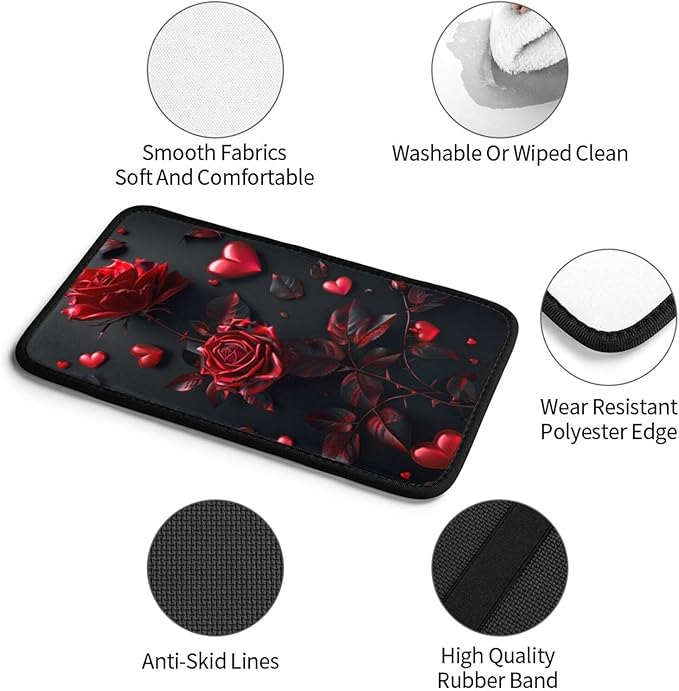 Universal Car Center Console Cushion Pad, Red Rose Soft Waterproof Car Center Console Cover Auto Armrest Seat Box Cover Protector for Most Vehicle SUV Truck Car