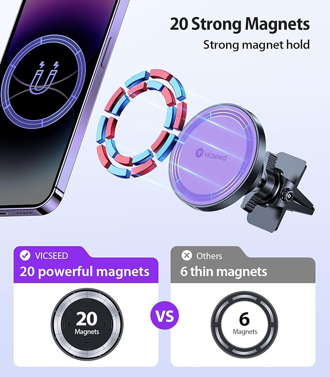 VICSEED for MagSafe Car Mount [Upgraded Strongest Magnet Power] Magnetic Phone Holder for Car Vent 360 Adjustable Magnetic Phone Mount for iPhone 17 Pro Max 16 15 14 13 12 Plus Mini, Purple