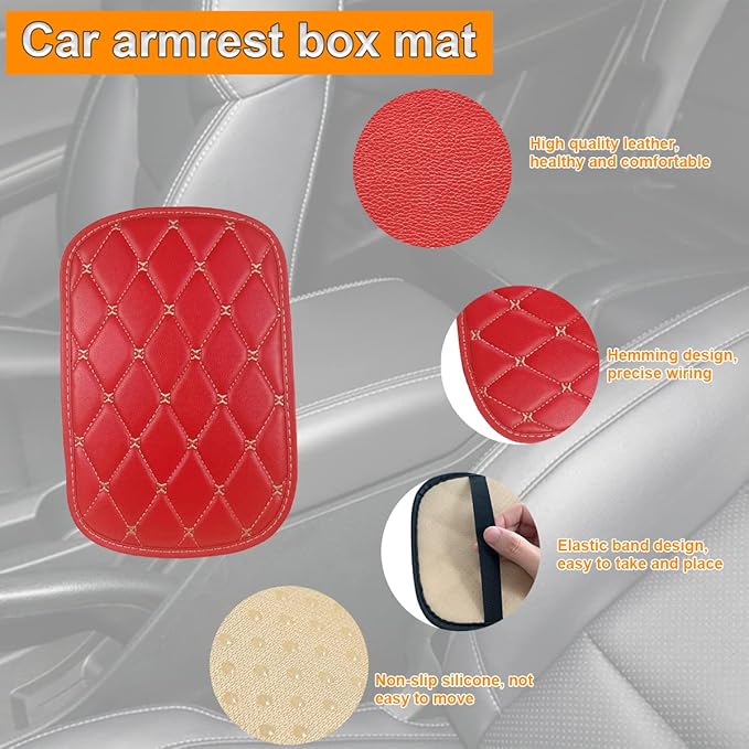 Auto Center Console Pad, PU Leather Car Center Console Box Cushion, Non Slip Soft Armrest Seat Box Cover, Waterproof Vehicle Armrest Protector for SUV, Truck, Car (Rhombic Lattice Red/Beige)