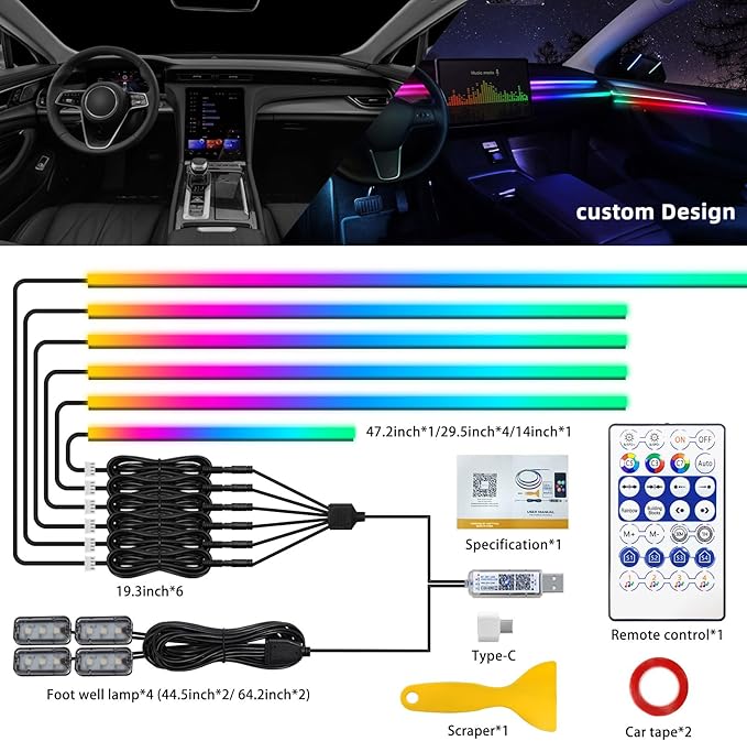 Dreamcolor Acrylic Interior Car LED Strip Light with USB/Type C, 10 in 1 with 179.24 inches 610 LEDs Ambient Lighting Kits, Sound Active Function Neon Accessories