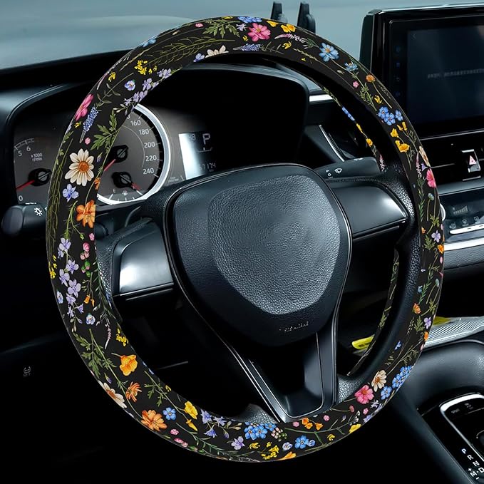 Wildflower Steering Wheel Cover for Women Men, Anti-Slip Breathable and Sweat Absorption Universal 14.5-15 Inch Cute Steering Wheel Protector, Wildflower Floral Car Accessories