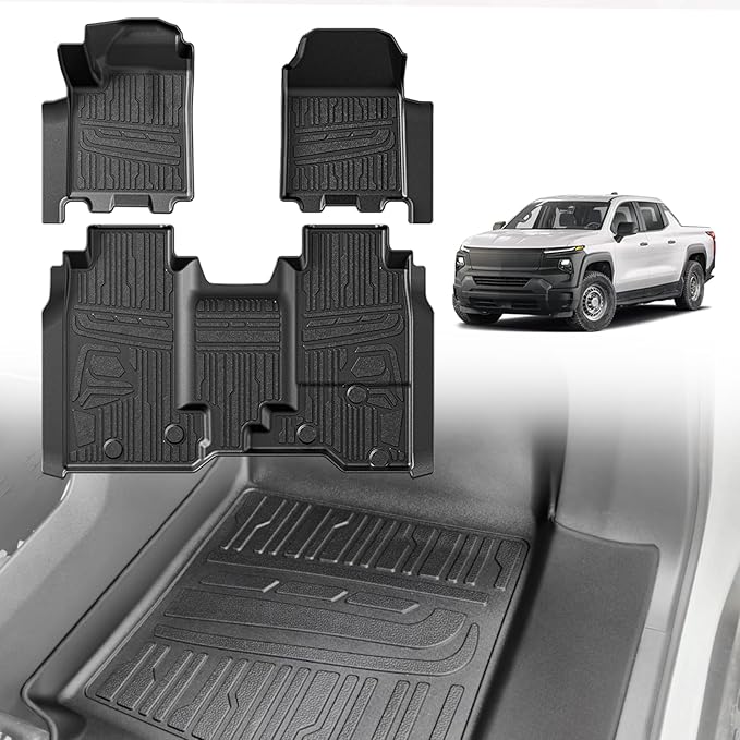 TripleAliners Floor Mats All Weather Liners Compatible with 2024 2025 Chevrolet Silverado EV WT Version Accessories 1st & 2nd Row Full Set Floor Liners TPE Heavy Duty Custom Fit Car Mats