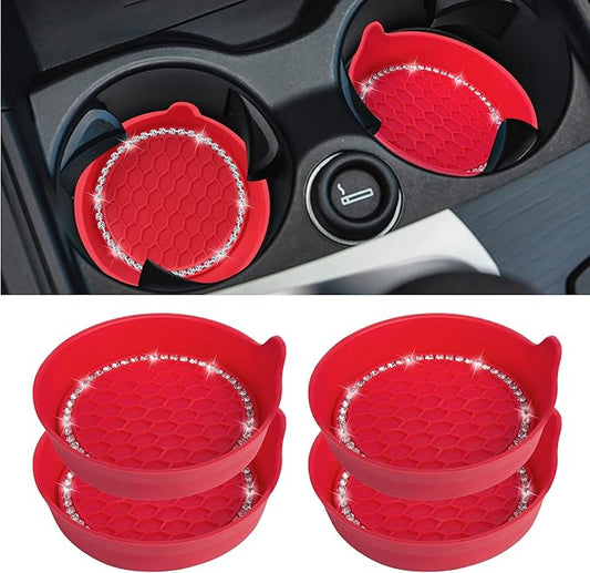 Amooca Car Cup Coaster Universal Non-Slip Cup Holders Bling Crystal Rhinestone Car Interior Accessories 4 Pack Red
