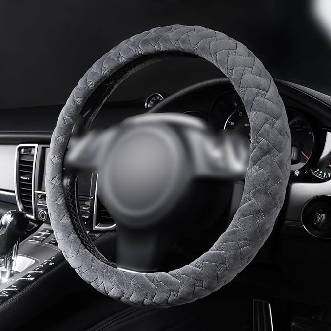 Flying Banner car Steering Wheel Cover Massage Velvet Warm Universal Size 15 inches SUV Truck Anti Slip Odorless Summer Winter (Gray, Velvet Massage)