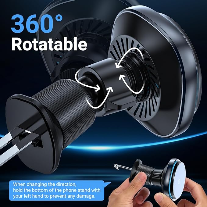 This Hill 15W Fast Magnetic Car Phone Mount - 2-in-1 Dashboard/Air Vent Mount with 360° Rotation & Secure Double Hook Clip, Compatible with MagSafe Case, iPhone, Samsung & More