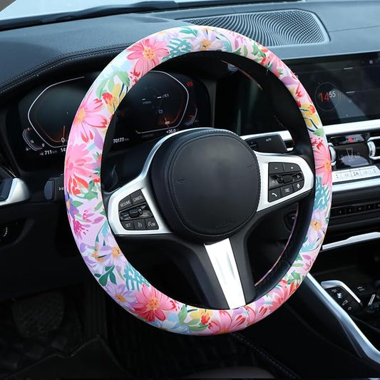 60s Multicolored Ditsy Vintage Flowers Steering Wheel Cover Auto Steering Wheel Protector, Anti-Slip, Breathable, Absorbing Sweat, Universal Car Accessories 14.5–15 inch,Fit for Most Car, Trucks, SUV
