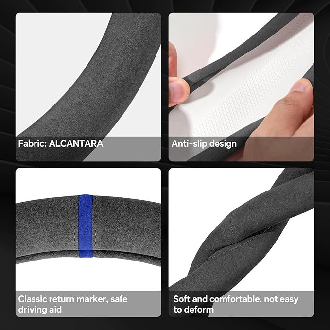 Alcantara Sports Steering Wheel Cover 14.5" to 15" Fit - Anti-Slip Comfort Grip, Durable Soft Suede-Feel Luxury Material for Men Drivers | Fits Sports Cars, Luxury Cars, Sedans, SUVs and EV