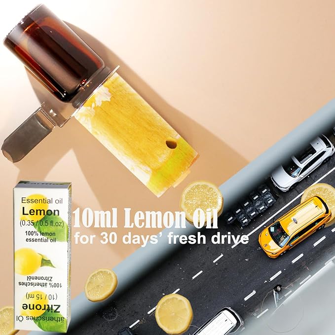 2-set Refillable Lemon Car Scent 60 Days’ Odor Fighting Non-toxic Strong Natural Fragrance, Vent Clip Wood Diffuser & Pure Essential Oils Auto Air Freshener (2x Beech Diffuser + 2x20ml Oil)