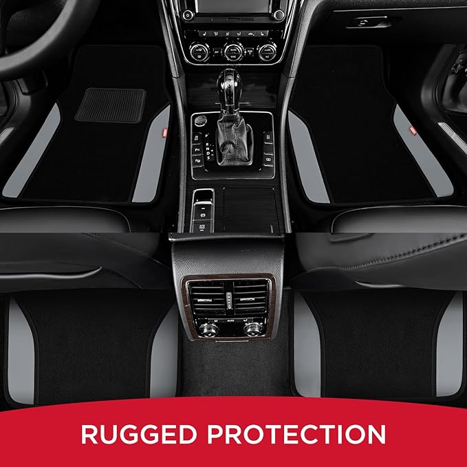 Rubbermaid Car Mats, Carpeted Floor Car Mat with Faux Leather & Built-in Heel Pad, Two-Tone Car Rug Floor Mats, Stylish Carpeted Floor Mats for Cars, Trucks & SUVs Gray Color