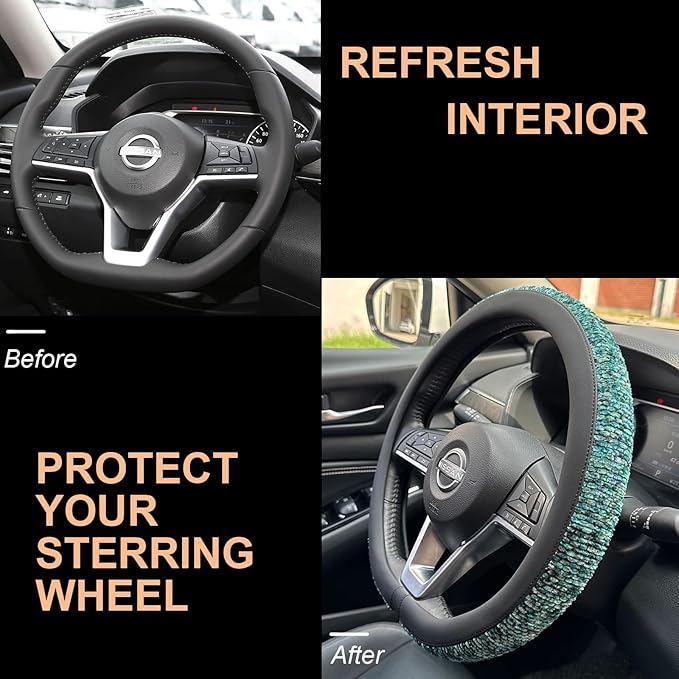 PINCTROT D Shaped Chenille Leather Steering Wheel Cover, Soft Mottled Colors, Sweat-Proof, Non-Slip Grip, All-Season Comfort, Flat Bottom 14.5-15 Inch(Mottled Teal)