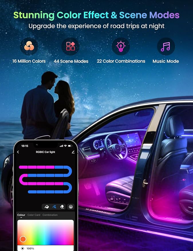 Pak Car LED Lights, Smart RGB+IC 72 LED Car Interior Light, 16 Million Colors Strip Light, APP Control, Music Mode, Scene Modes, 2 Lines Design with Car Charger, Under Dash Lighting for SUVs, Trucks