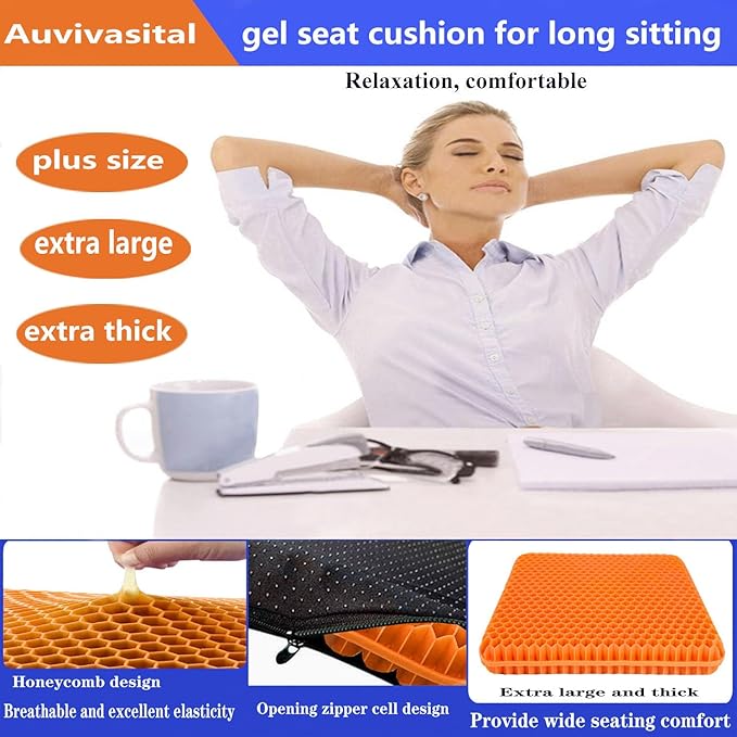 Plus Size Gel Seat Cushion, Extra Large and Thick, Seat Cushion for Pressure Relief for Back, Hip, Sciatica, Tailbone Pain, Use for The Office, Wheelchair, Car, Recliner, Truck, Trip, Stadium.(Orange)