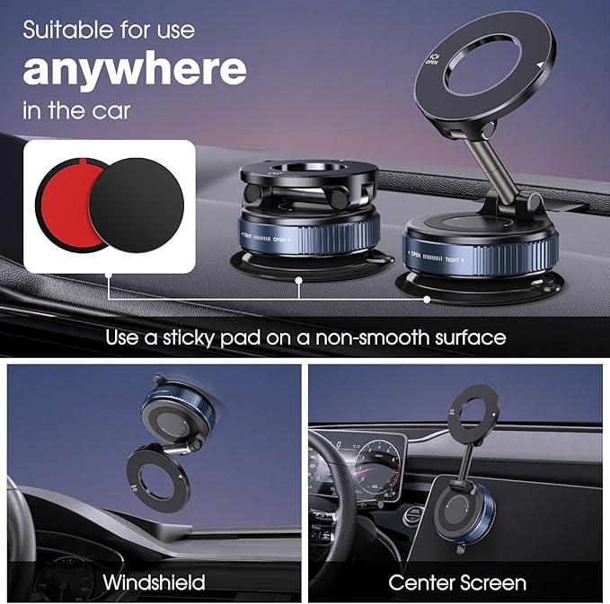 360° Rotatable Vacuum Magnetic Phone Holder, Foldable and Retractable Suction Cup Car Phone Mount for Car/Gym/Mirror/Smooth Surface, Compatible with iPhone Android and All Smartphones (Black)