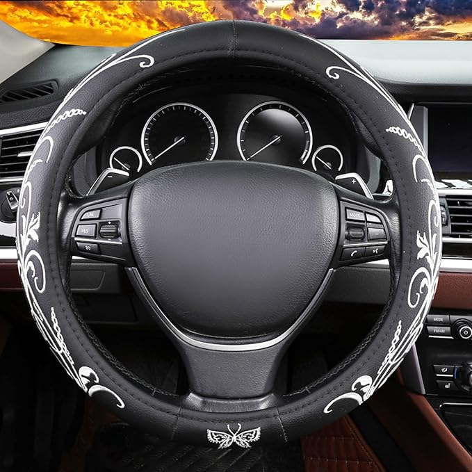 White Embroidery Butterfly Car Steering Wheel Cover,14.5-15 Inch Universal Leather Covers Breathable Anti-Slip Odorless Steering Wheels Accessories for Men Women
