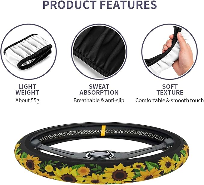 Steering Wheel Cover, Sunflowers Steering Wheel Cover for Women Men Anti-Slip Breathable and Sweat Absorption Universal 15 Inch Steering Wheel Protector Sunflowers Car Accessories
