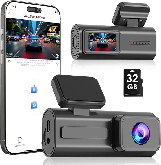 Dash Cam Front 4K, Front Dash Camera for Car with Free 32GB SD Card WiFi Mini Dashcam with APP Control, GPS, Night Vision, Parking Monitoring, G-Sensor, Loop Recording
