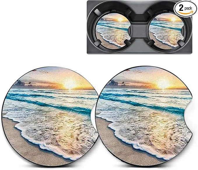 2 Pack Car Coasters for Cup Holders,Beach Sunset Car Cup Holder Coasters,2.75" Universal Size Anti Slip Rubber Mat,Automotive Interior Accessories,Car Cup Holder Decor,Gifts for Women Mom Men Wife