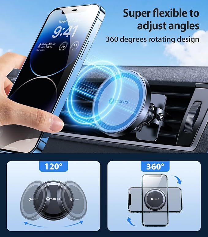 VICSEED for MagSafe Car Mount [Upgraded Strongest Magnet Power] Magnetic Phone Holder for Car Vent 360 Adjustable Magnetic Car Phone Holder Mount for iPhone 17 Air Pro Max 15 14 13 12 Plus Mini, Blue