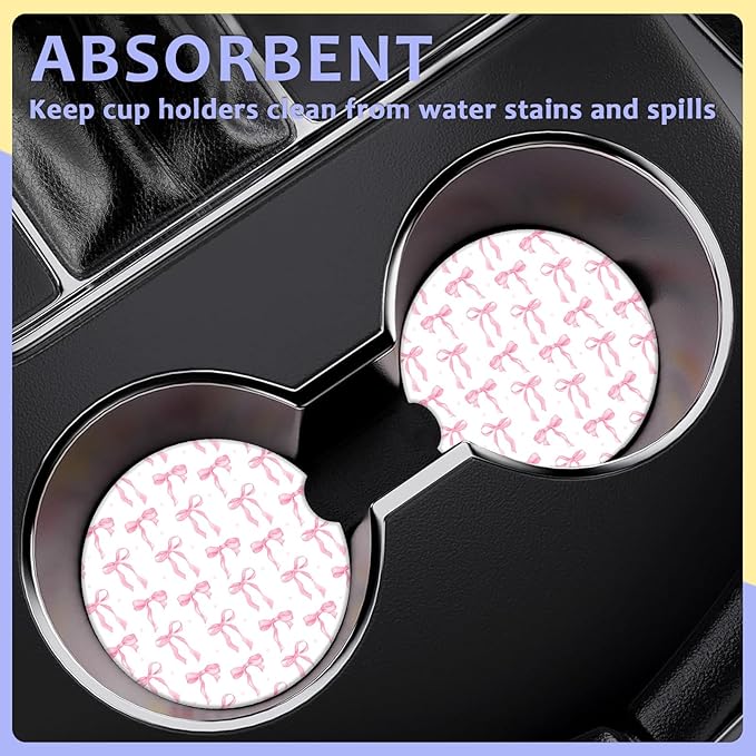 2 Pack Car Cup Holder Coaster-Pink Bow Absorbent Ceramic Coaster, Car Coasters for Cup Holders,Auto Accessories for Women & Men