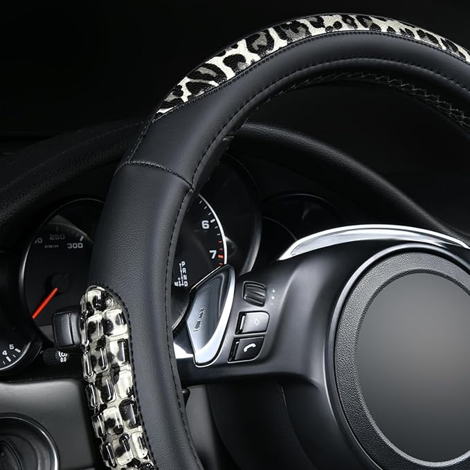 Flying Banner car Steering Wheel Cover Gel Massage Velvet Cool Warm Universal Size 15 inches SUV Truck Anti Slip Odorless Summer Winter (Black Gray Leopard Print, Gel Massage)