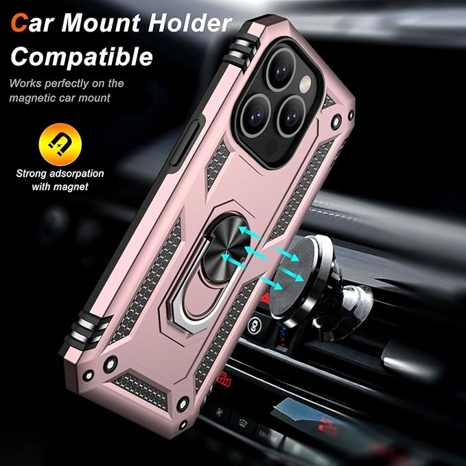 IKAZZ for iPhone 14 Pro Max Case 6.7 Inch with Screen Protector,Military Grade Shockproof Heavy Duty Protective Phone Cover Pass 16ft Drop Test with Magnetic Kickstand Car Mount Holder,Rose Gold