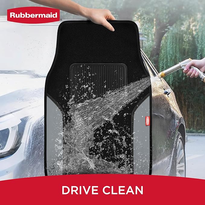 Rubbermaid Car Mats, Carpeted Floor Car Mat with Faux Leather & Built-in Heel Pad, Two-Tone Car Rug Floor Mats, Stylish Carpeted Floor Mats for Cars, Trucks & SUVs Gray Color
