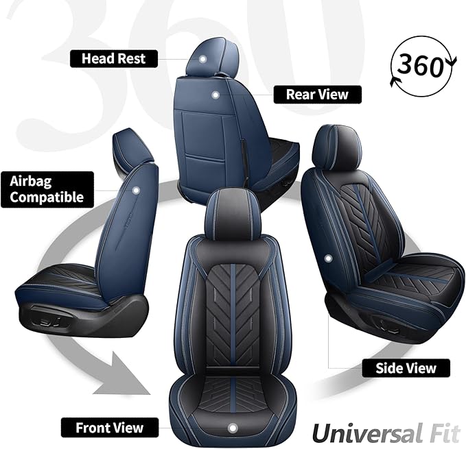 Tomatoman Car Seat Covers Full Set,Universal Automotive Breathable Leather Vehicle Cushion Full Coverage Protectors Fit for Most Cars SUV Pick-up Truck(Full Set/Black Blue)