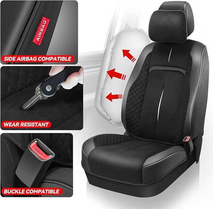 Auto Dynasty Car Seat Covers Front Set, Anti-Slip Automotive Interior Covers with Storage Pocket, Breathable Car Seat Protectors, Airbag Compatible, Universal Fit Most Vehicles, Black (Voris Series)